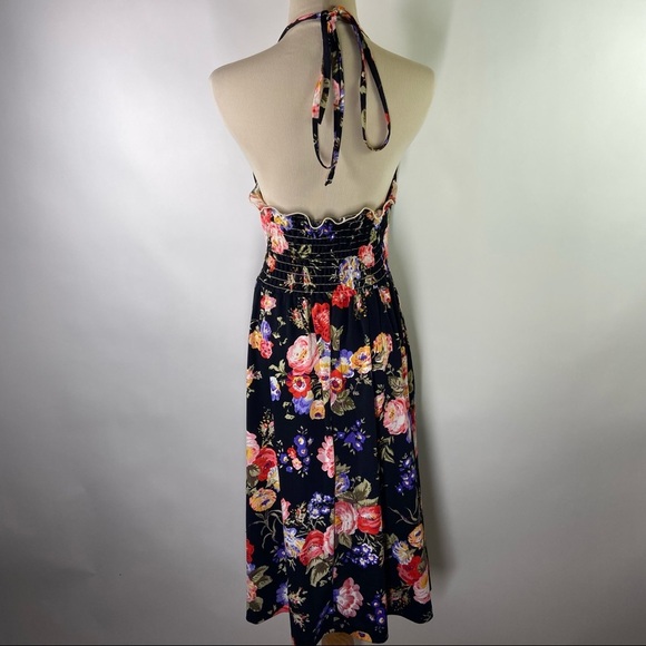 Vintage 70s SunDress Floral Black Print Halter Top Built In Bra Midi Cottage S - Picture 6 of 9